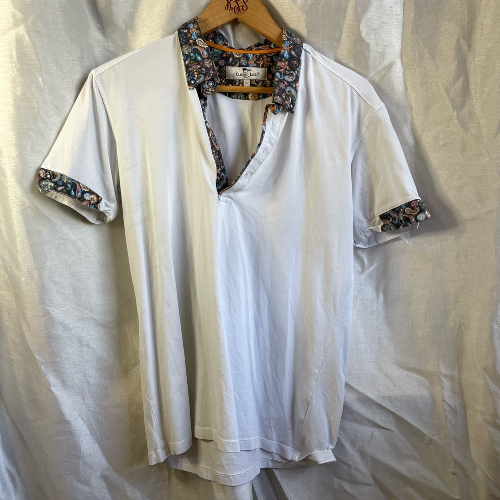 Claudio Lugli Italian Designer Men’s White Blue Paisley Print Polo Shirt